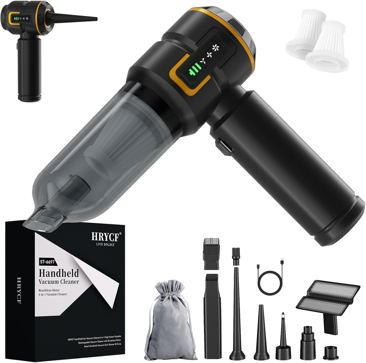 4-in-1 High-Power Portable Handheld Vacuum Cleaner with Brushless Motor - 20,000 PA Suction, Rechargeable, Includes Air Blower and Pump - Black