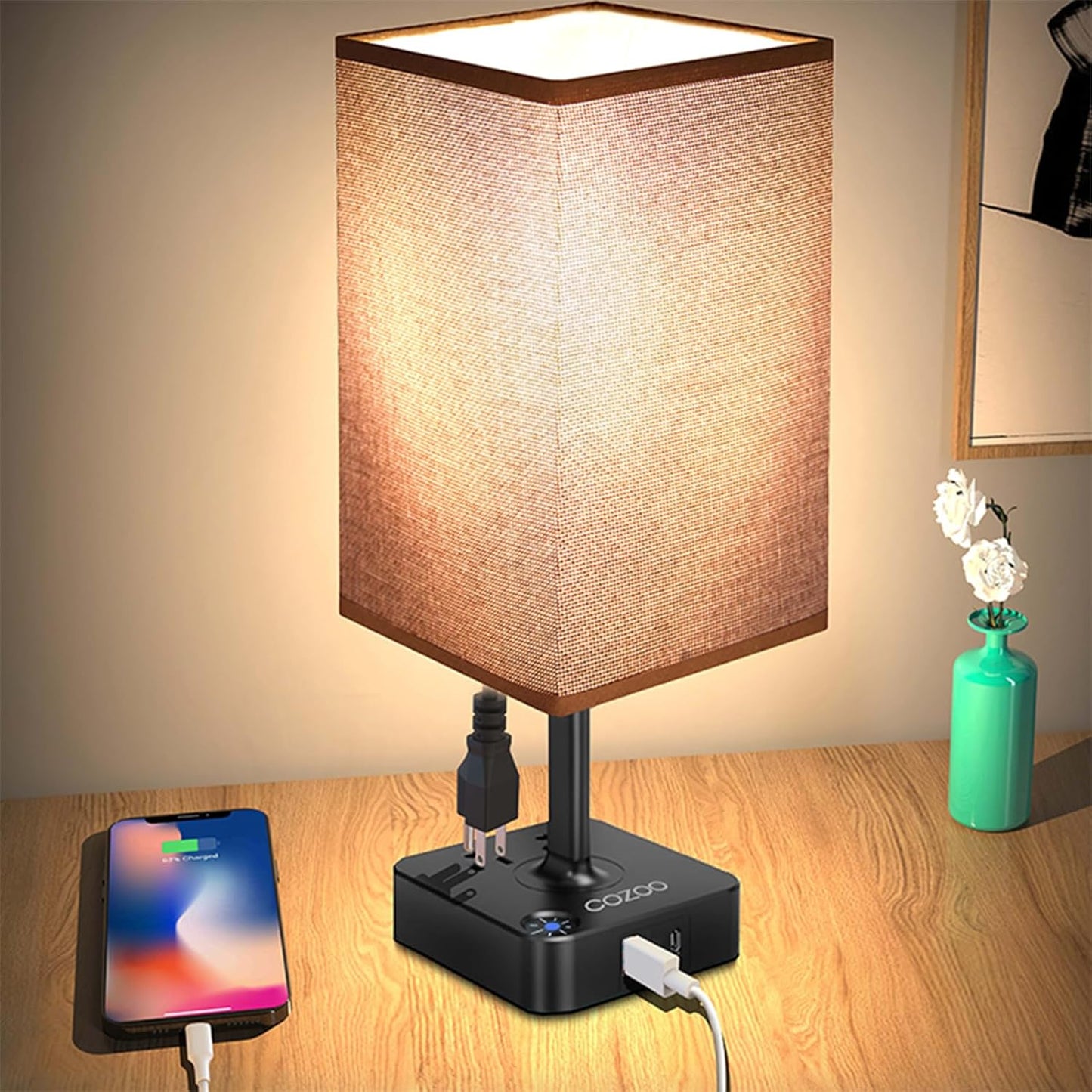 Dimmable Table Lamp with USB Charging Ports and Outlets, White Fabric Shade, Touch Control LED Nightstand Lamp for Bedroom, Living Room, Dorm, and Home Office