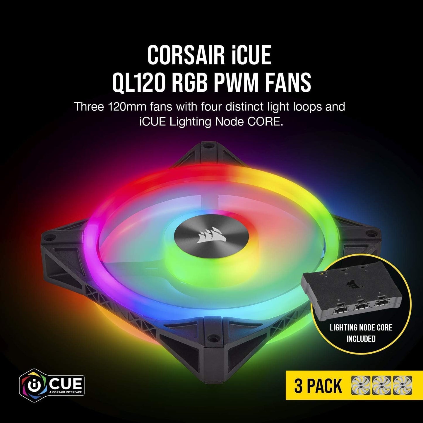 QL Series QL120 RGB 120mm LED Fan Triple Pack with Lighting Node Core