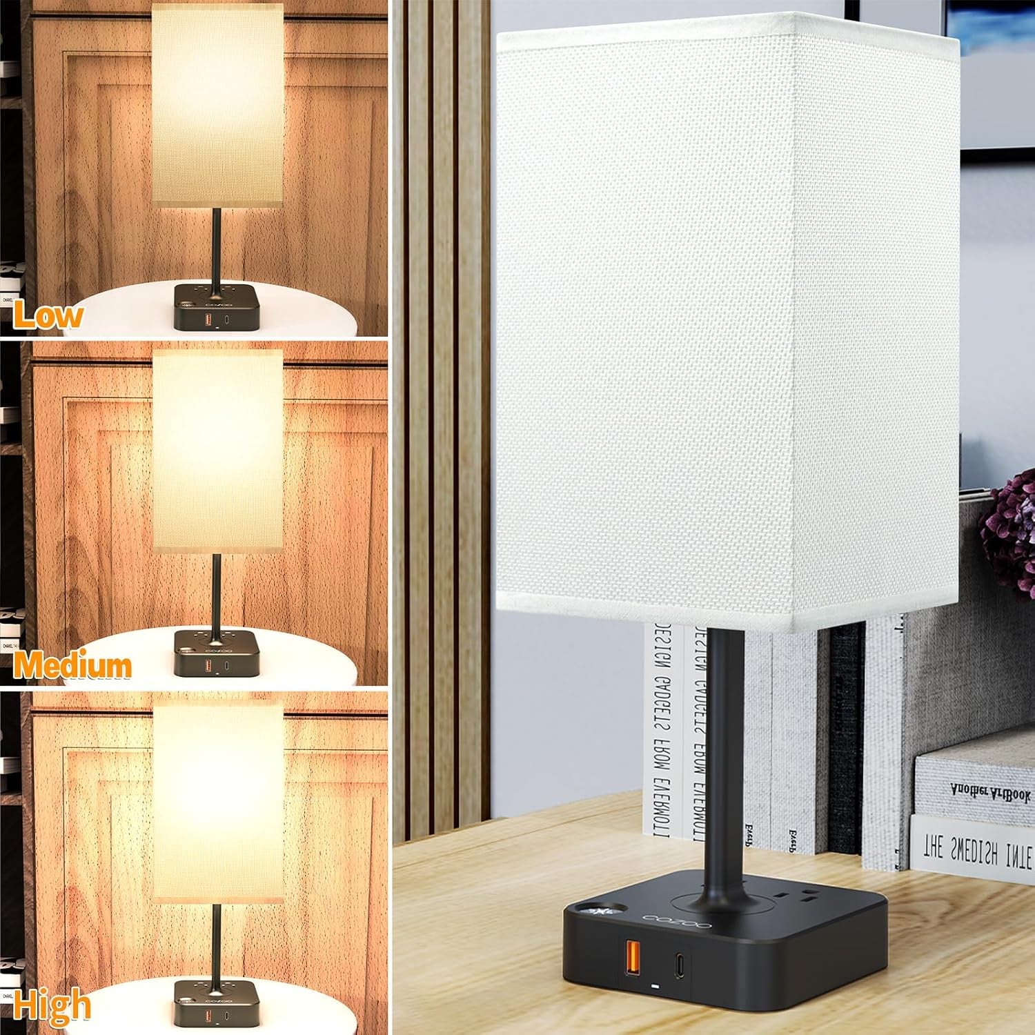 Dimmable Table Lamp with USB Charging Ports and Outlets, White Fabric Shade, Touch Control LED Nightstand Lamp for Bedroom, Living Room, Dorm, and Home Office