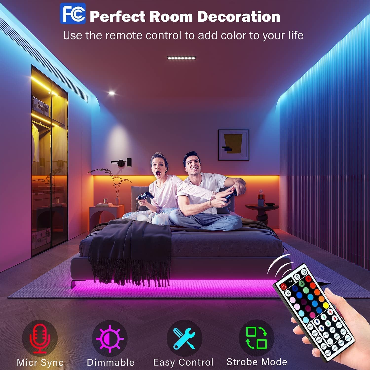 32.8ft Smart RGB LED Strip Lights with Bluetooth App Control and Music Sync, Remote-Enabled for Home and Bedroom Decoration