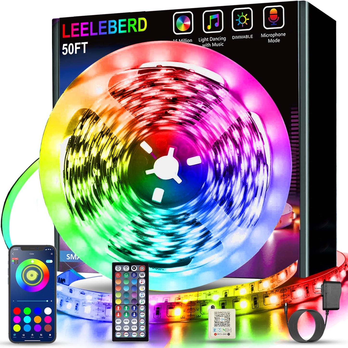 32.8ft Smart RGB LED Strip Lights with Bluetooth App Control and Music Sync, Remote-Enabled for Home and Bedroom Decoration