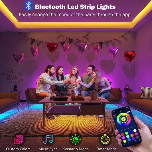 32.8ft Smart RGB LED Strip Lights with Bluetooth App Control and Music Sync, Remote-Enabled for Home and Bedroom Decoration