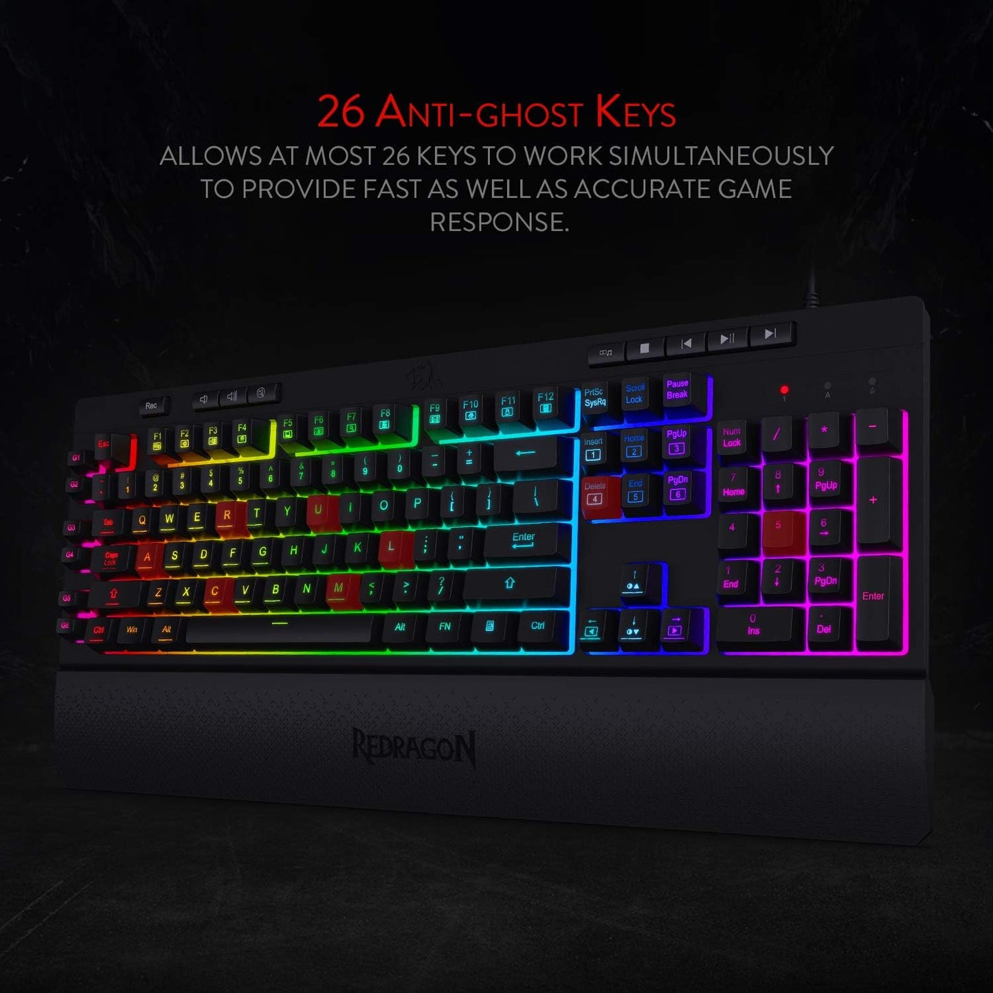 K512 Shiva RGB Backlit Gaming Keyboard with Multimedia Keys, Quiet Mechanical Feel, 6 Programmable Macro Keys, Dedicated Media Controls, and Detachable Wrist Rest