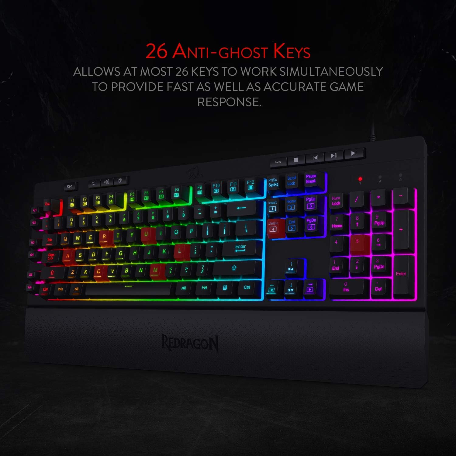 K512 Shiva RGB Backlit Gaming Keyboard with Multimedia Keys, Quiet Mechanical Feel, 6 Programmable Macro Keys, Dedicated Media Controls, and Detachable Wrist Rest