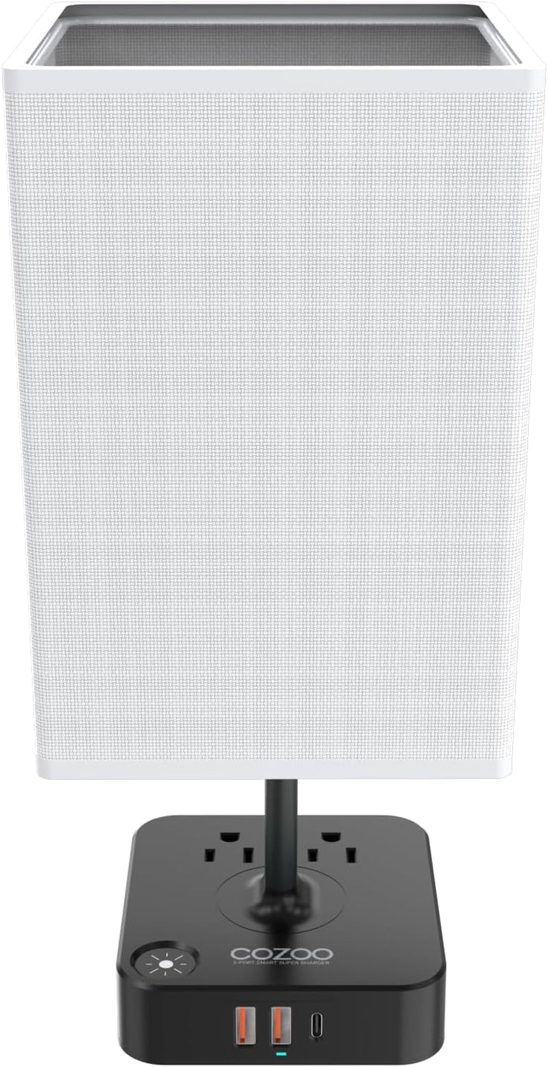Dimmable Table Lamp with USB Charging Ports and Outlets, White Fabric Shade, Touch Control LED Nightstand Lamp for Bedroom, Living Room, Dorm, and Home Office