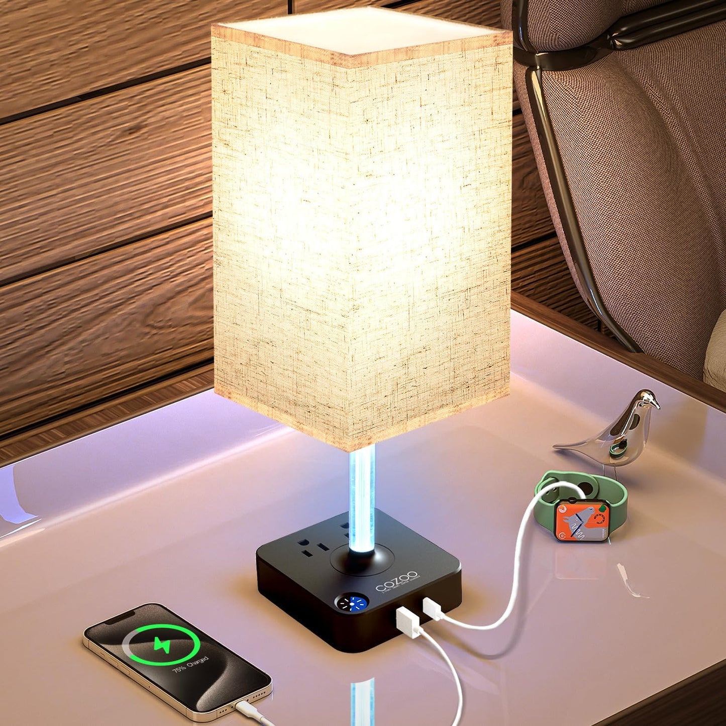 Dimmable Table Lamp with USB Charging Ports and Outlets, White Fabric Shade, Touch Control LED Nightstand Lamp for Bedroom, Living Room, Dorm, and Home Office