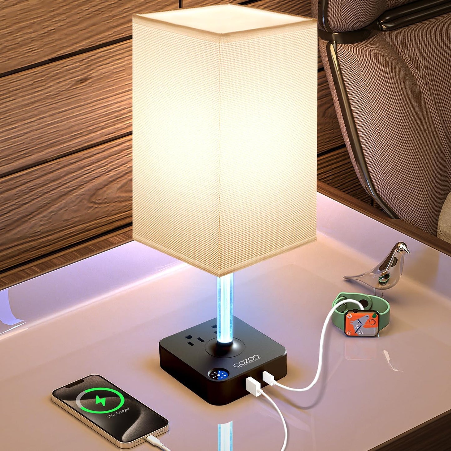 Dimmable Table Lamp with USB Charging Ports and Outlets, White Fabric Shade, Touch Control LED Nightstand Lamp for Bedroom, Living Room, Dorm, and Home Office