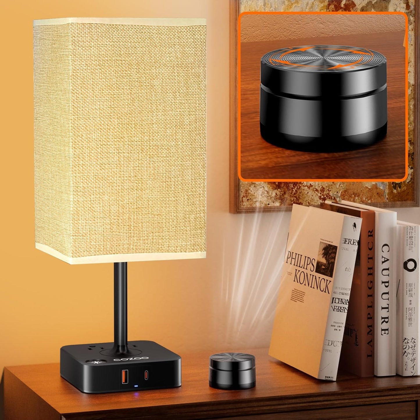 Dimmable Table Lamp with USB Charging Ports and Outlets, White Fabric Shade, Touch Control LED Nightstand Lamp for Bedroom, Living Room, Dorm, and Home Office