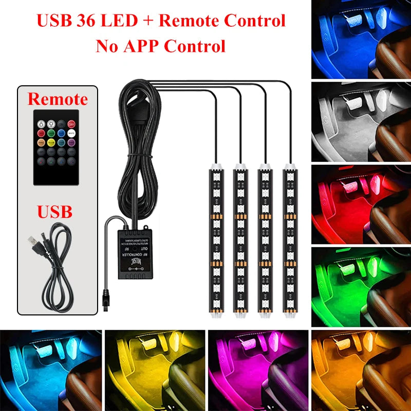 Transform Your Car with Colorful LED RGB Atmosphere Strip Lights – Remote & Voice Control for Ultimate Ambiance