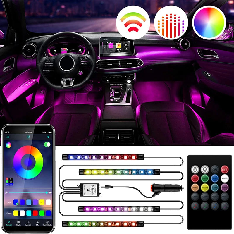 Transform Your Car with Colorful LED RGB Atmosphere Strip Lights – Remote & Voice Control for Ultimate Ambiance