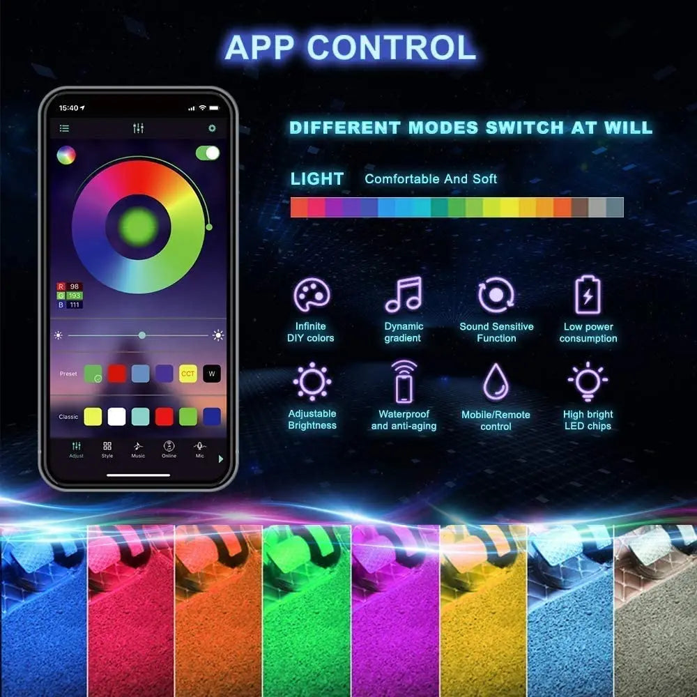 Transform Your Car with Colorful LED RGB Atmosphere Strip Lights – Remote & Voice Control for Ultimate Ambiance