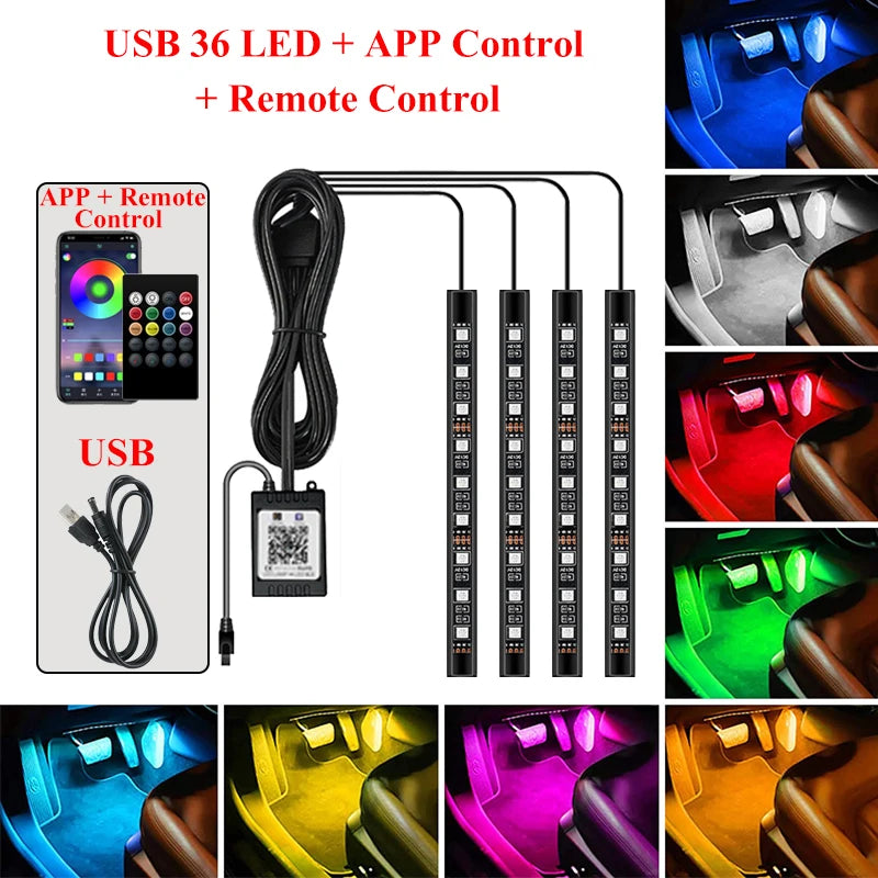 Transform Your Car with Colorful LED RGB Atmosphere Strip Lights – Remote & Voice Control for Ultimate Ambiance