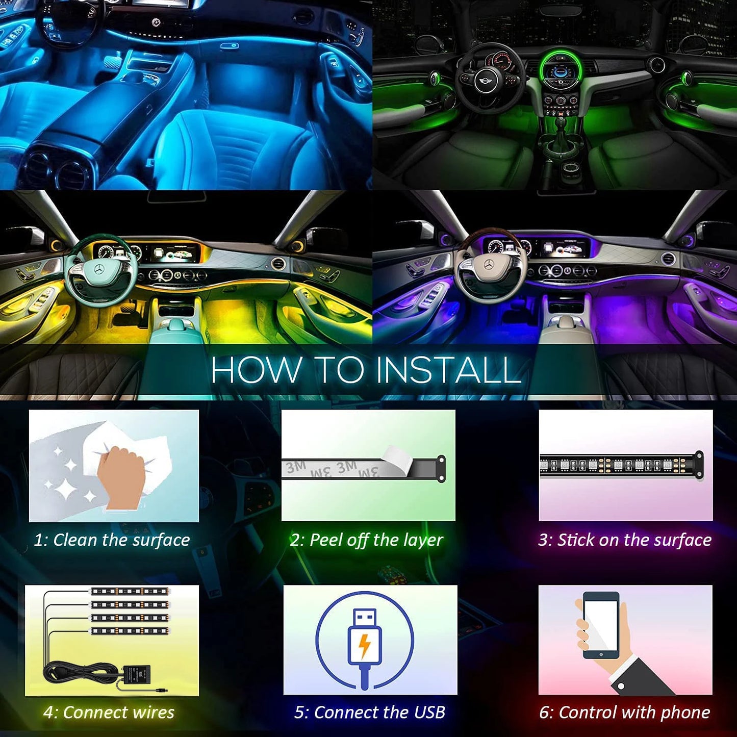 Transform Your Car with Colorful LED RGB Atmosphere Strip Lights – Remote & Voice Control for Ultimate Ambiance