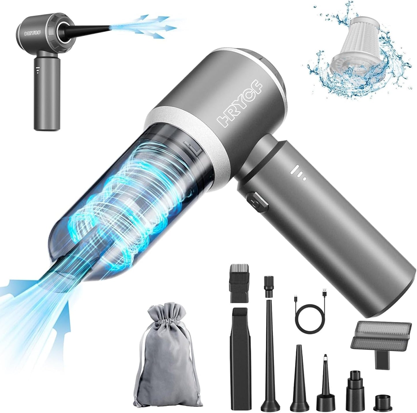 4-in-1 High-Power Portable Handheld Vacuum Cleaner with Brushless Motor - 20,000 PA Suction, Rechargeable, Includes Air Blower and Pump - Black