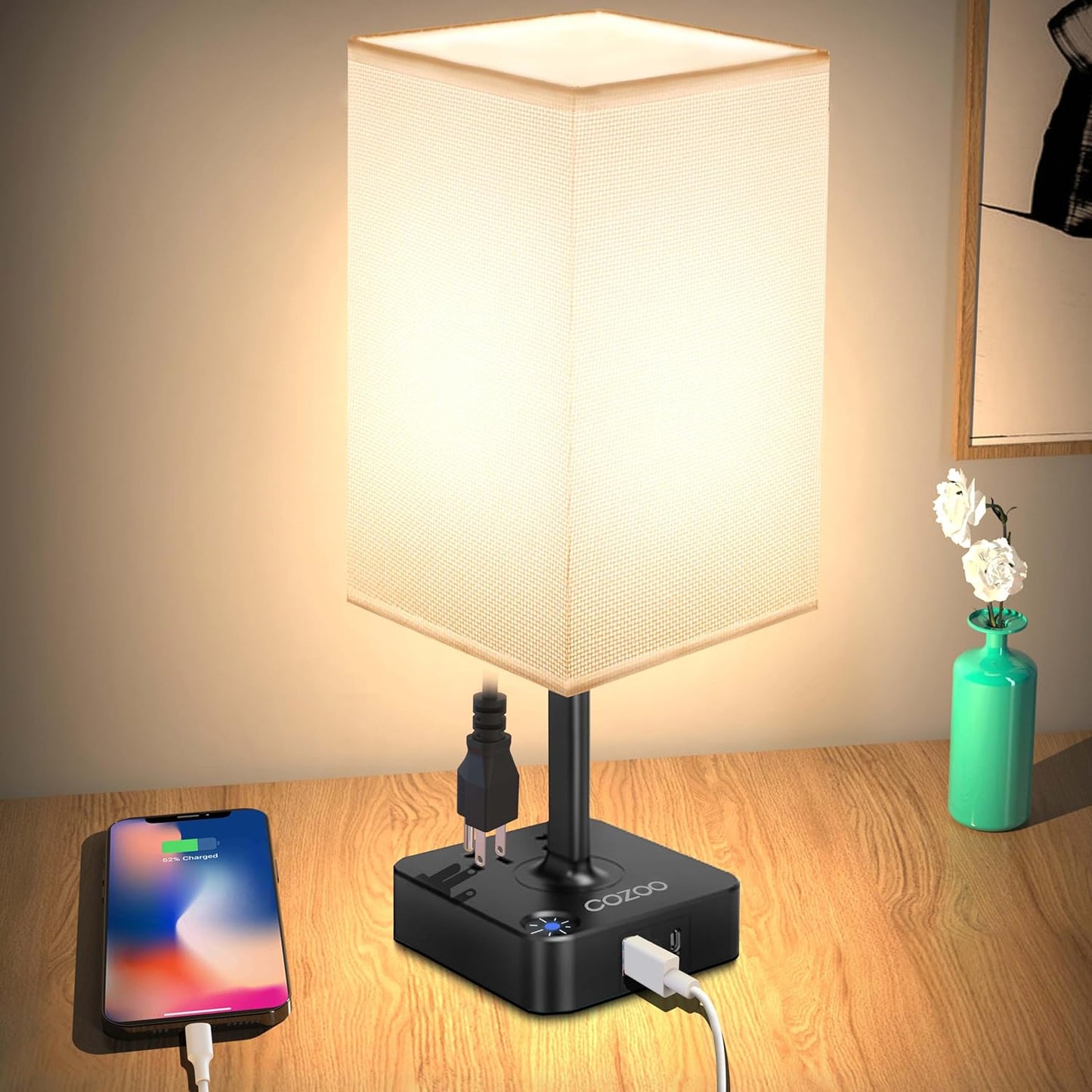 Dimmable Table Lamp with USB Charging Ports and Outlets, White Fabric Shade, Touch Control LED Nightstand Lamp for Bedroom, Living Room, Dorm, and Home Office