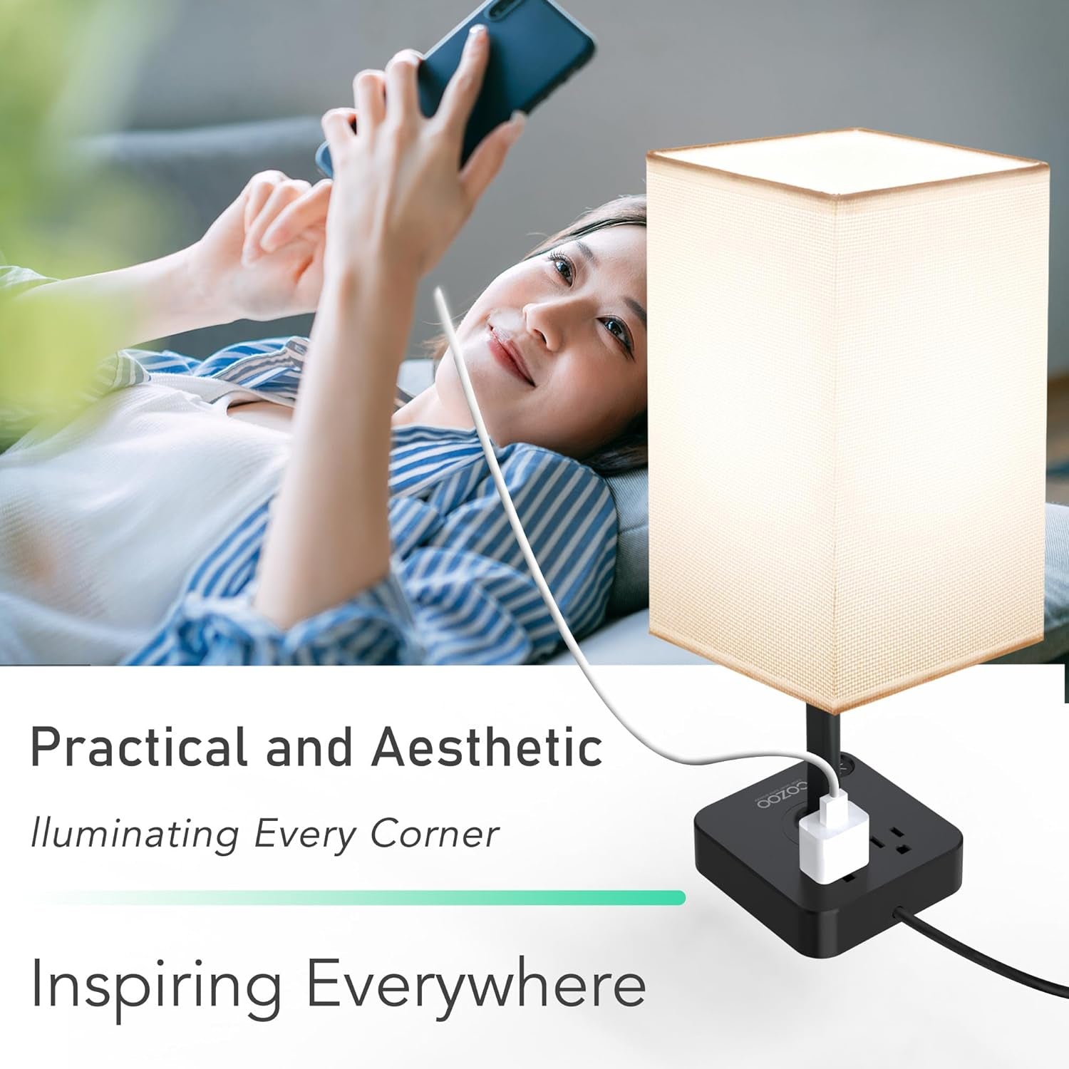 Dimmable Table Lamp with USB Charging Ports and Outlets, White Fabric Shade, Touch Control LED Nightstand Lamp for Bedroom, Living Room, Dorm, and Home Office