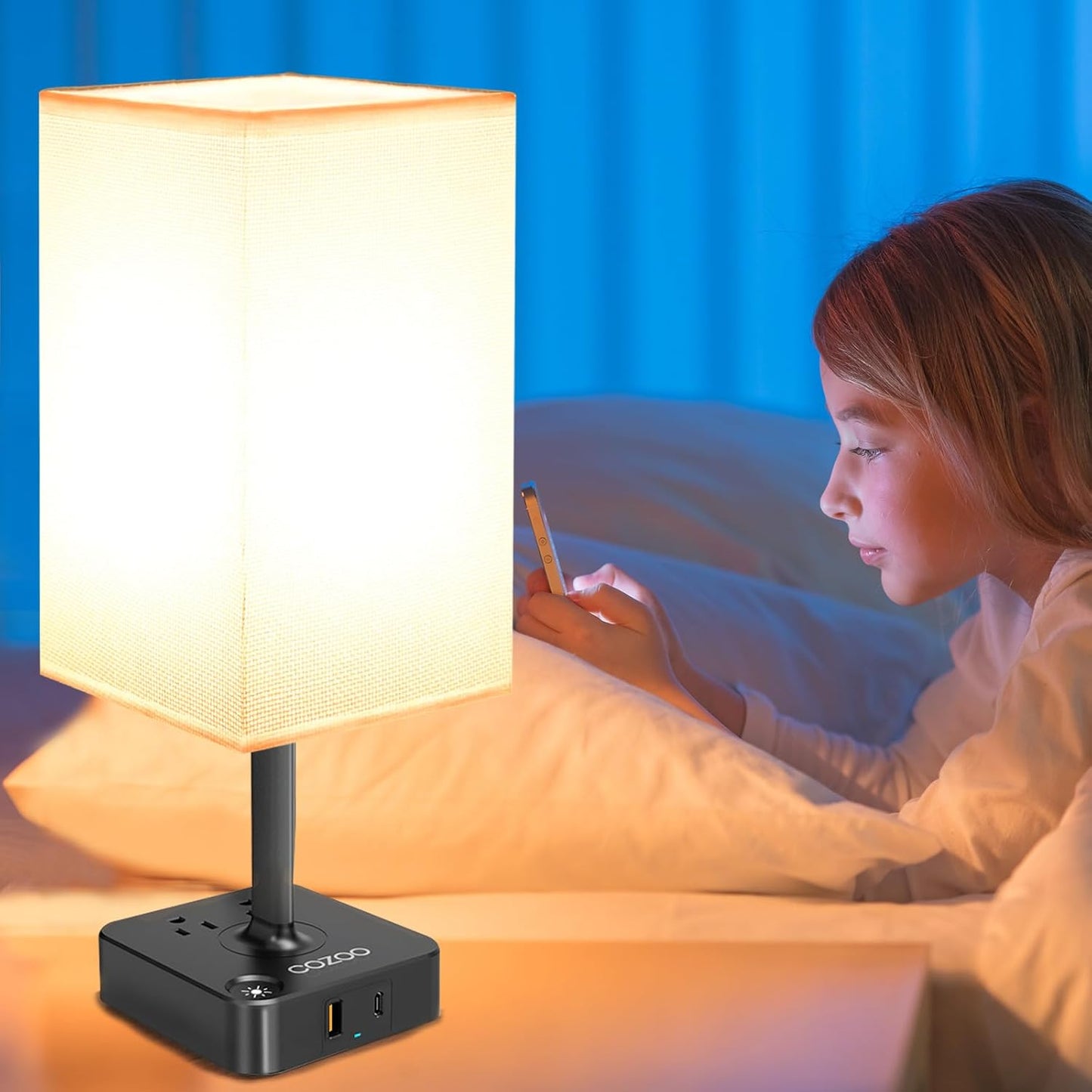 Dimmable Table Lamp with USB Charging Ports and Outlets, White Fabric Shade, Touch Control LED Nightstand Lamp for Bedroom, Living Room, Dorm, and Home Office