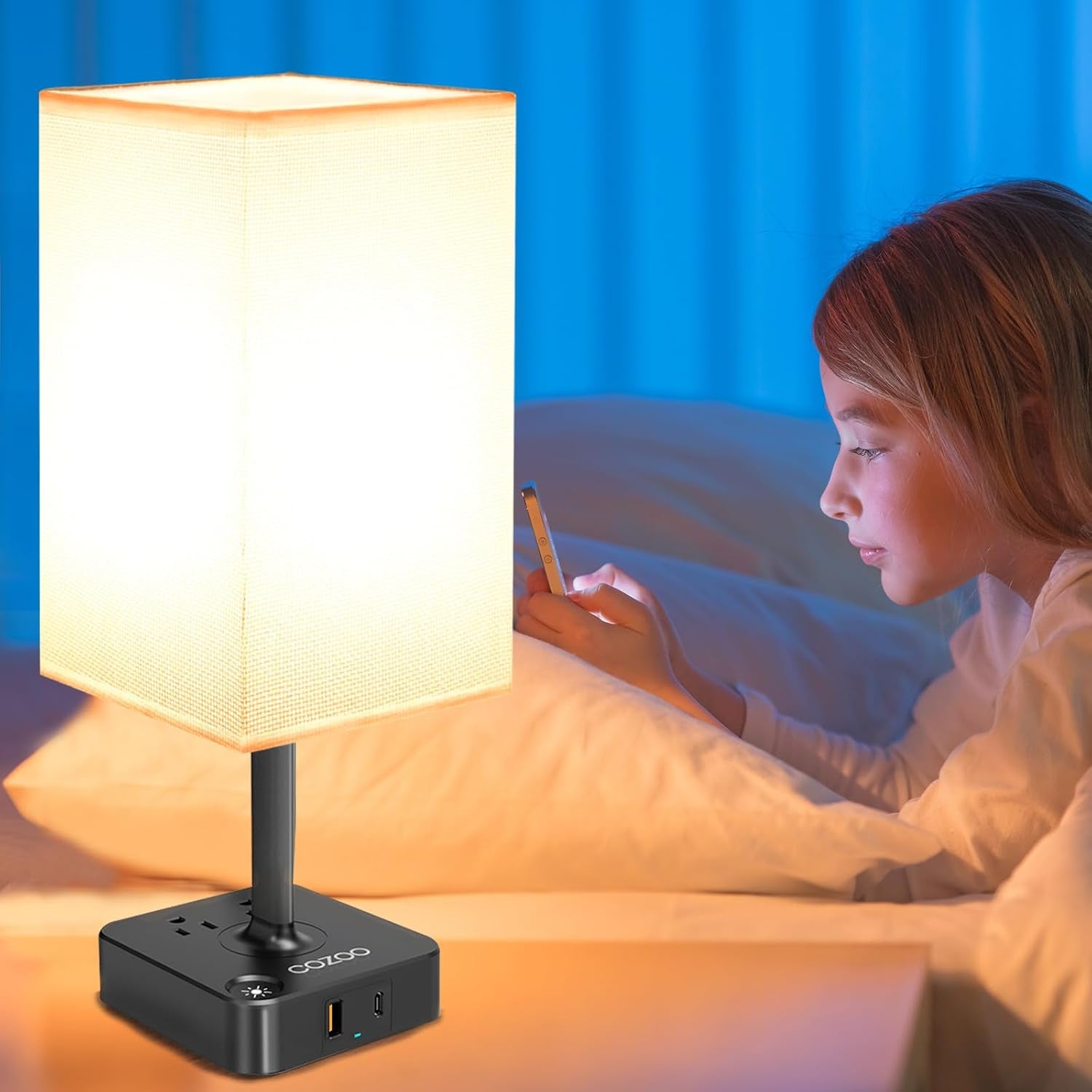 Dimmable Table Lamp with USB Charging Ports and Outlets, White Fabric Shade, Touch Control LED Nightstand Lamp for Bedroom, Living Room, Dorm, and Home Office