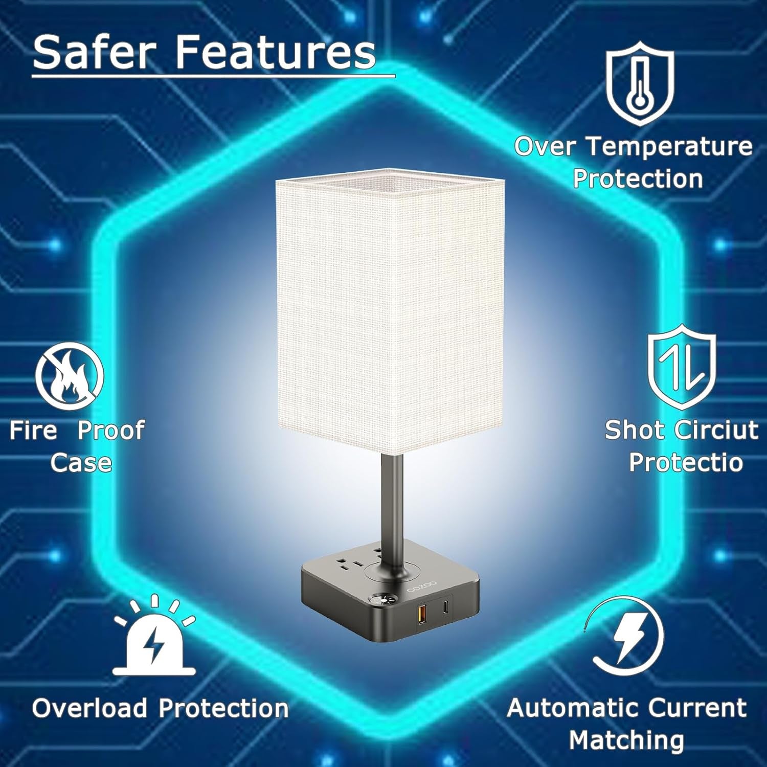 Dimmable Table Lamp with USB Charging Ports and Outlets, White Fabric Shade, Touch Control LED Nightstand Lamp for Bedroom, Living Room, Dorm, and Home Office