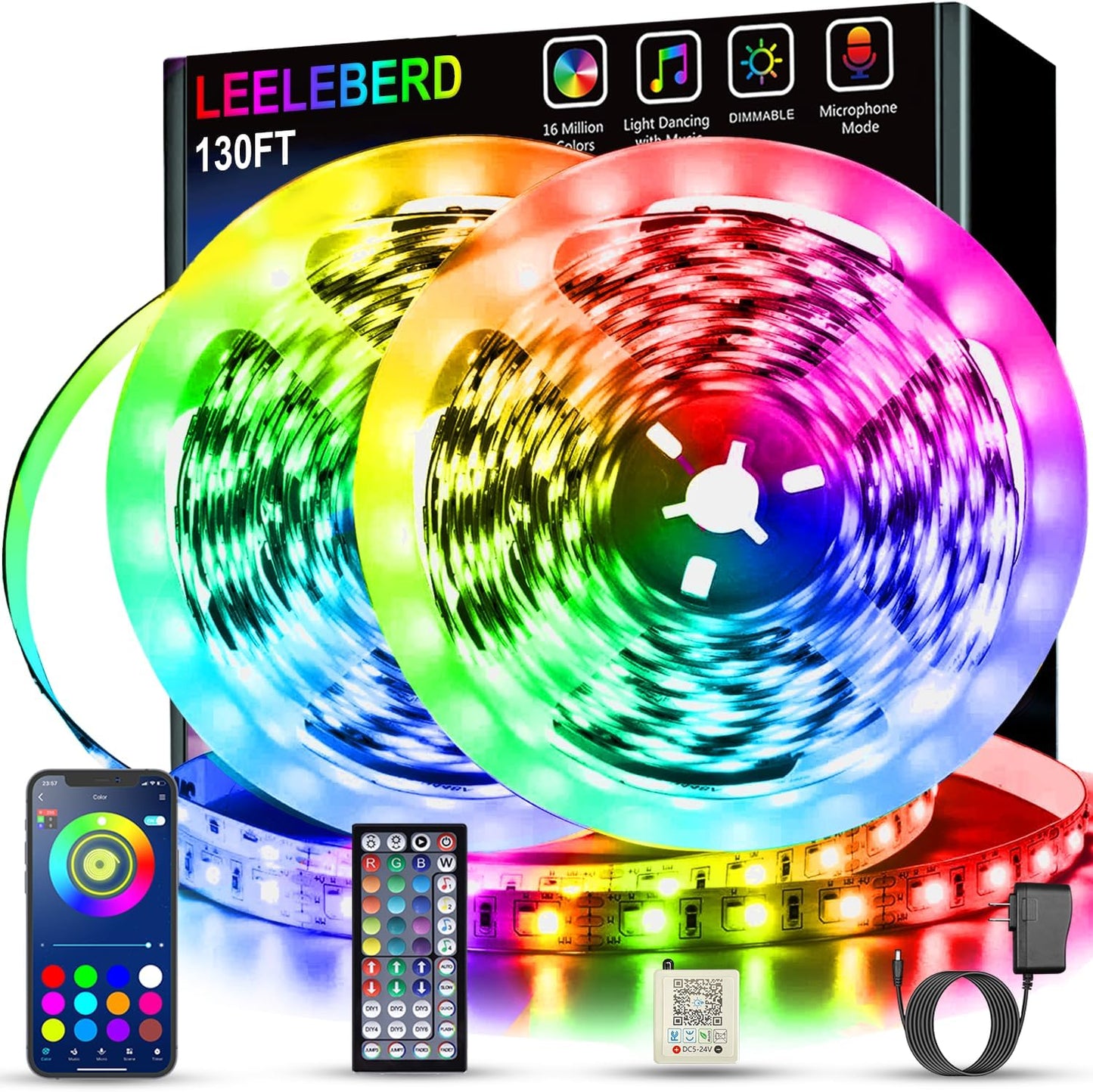 32.8ft Smart RGB LED Strip Lights with Bluetooth App Control and Music Sync, Remote-Enabled for Home and Bedroom Decoration