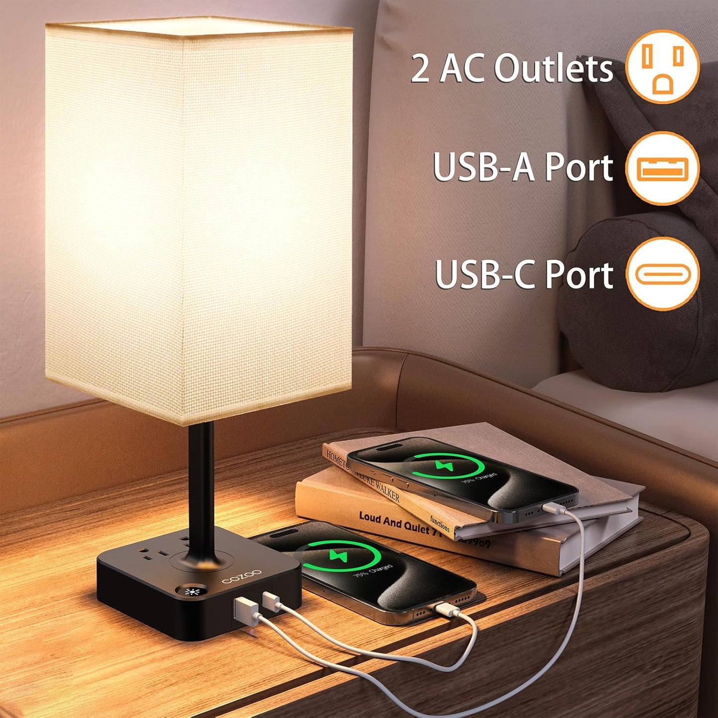 Dimmable Table Lamp with USB Charging Ports and Outlets, White Fabric Shade, Touch Control LED Nightstand Lamp for Bedroom, Living Room, Dorm, and Home Office