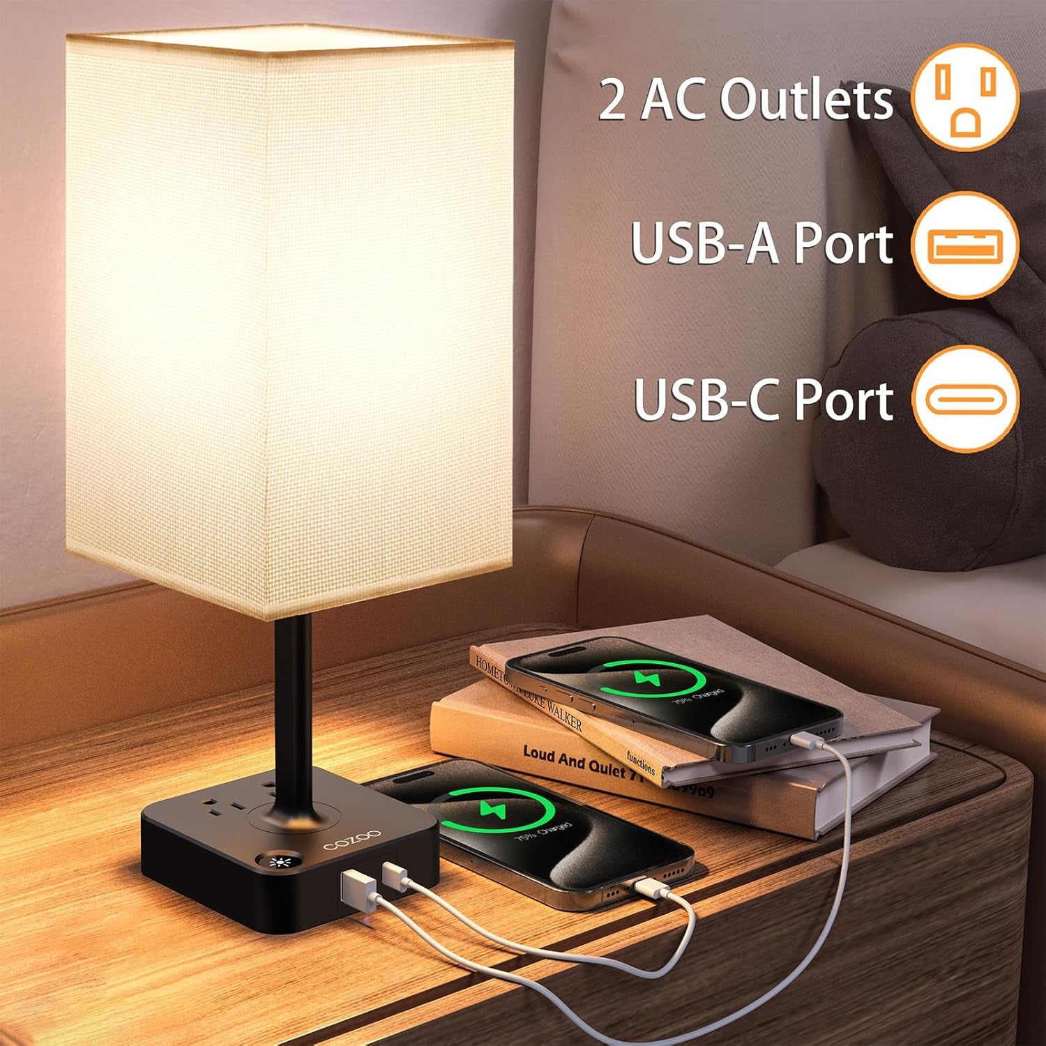 Dimmable Table Lamp with USB Charging Ports and Outlets, White Fabric Shade, Touch Control LED Nightstand Lamp for Bedroom, Living Room, Dorm, and Home Office