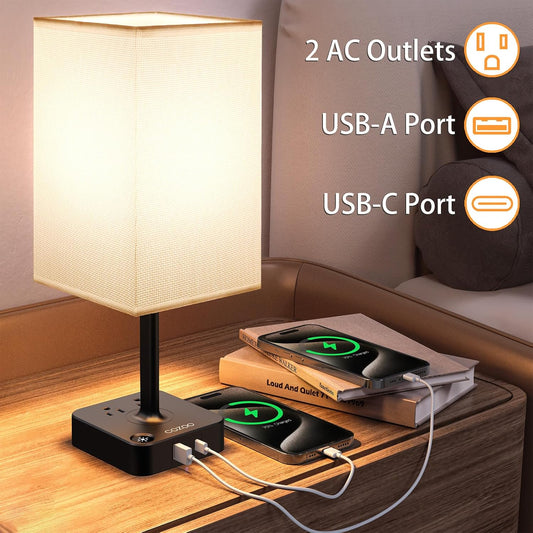 Dimmable Table Lamp with USB Charging Ports and Outlets, White Fabric Shade, Touch Control LED Nightstand Lamp for Bedroom, Living Room, Dorm, and Home Office