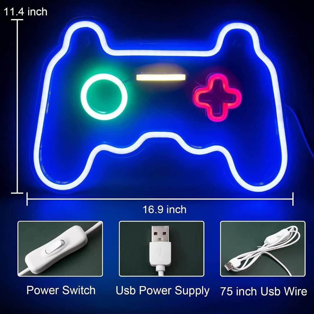 Neon Wall Signs for Bedroom and Gaming Room Decor, USB-Powered LED Game Controller Light, Ideal Gift for Teen Boys and Man Caves
