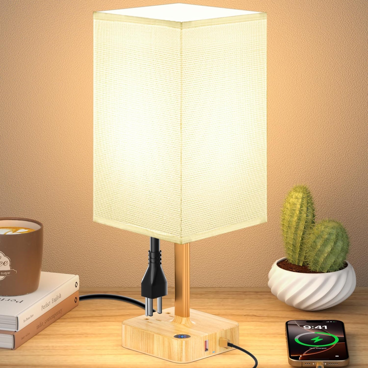 Dimmable Table Lamp with USB Charging Ports and Outlets, White Fabric Shade, Touch Control LED Nightstand Lamp for Bedroom, Living Room, Dorm, and Home Office