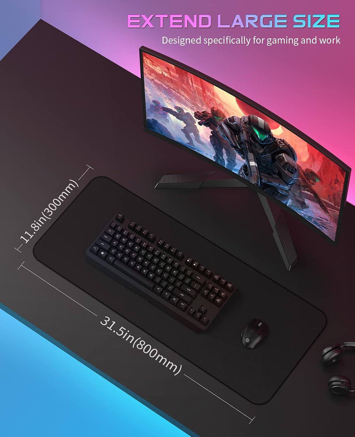 Extended Large Gaming Mouse Pad - Superior Micro-Weave Cloth, Waterproof Keyboard Pad with Stitched Edges, Non-Slip Base, 31.5 x 11.8 Inches, XL, Black